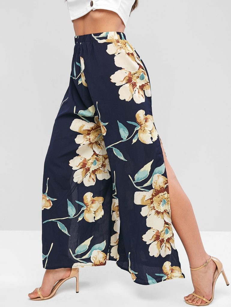 High Waisted Slit Floral Wide Leg Pants - Blue Xl