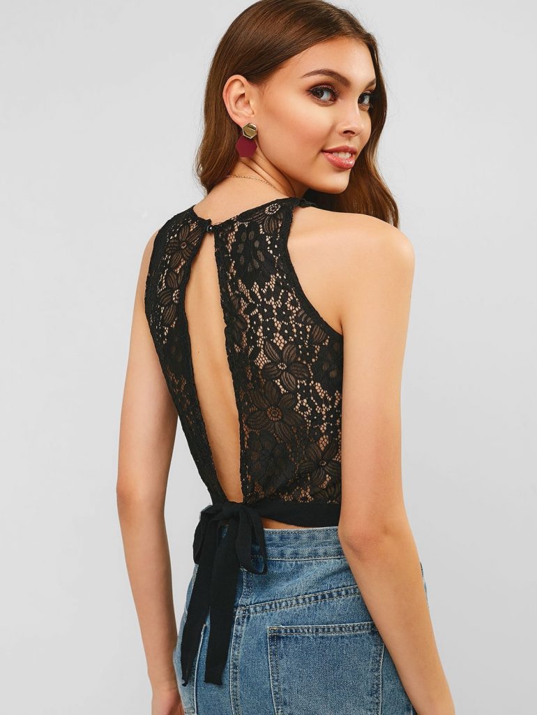 Knotted Lace Panel Knit Tank Top - Black