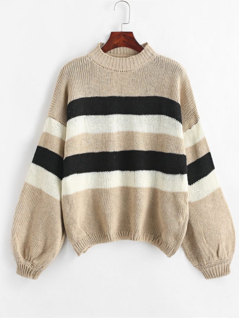 Lantern Sleeve Stripes Pullover Sweater - Camel Brown