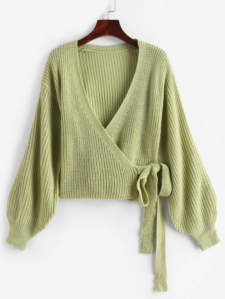 Lantern Sleeves Solid Crop Wrap Cardigan - Green