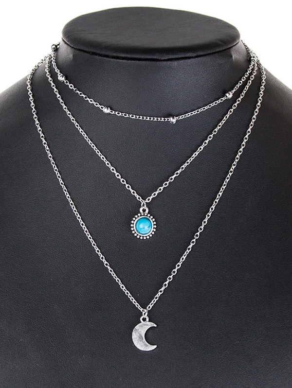 Layered Moon Faux Turquoise Necklace - Silver