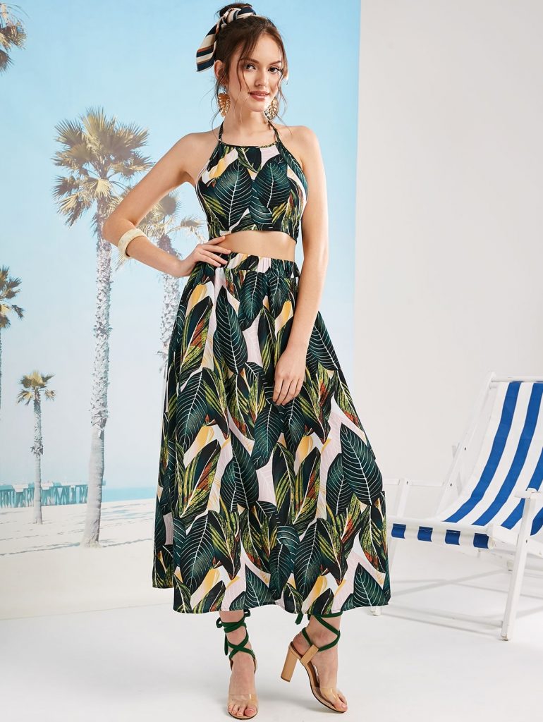 Leaves Print Knotted Back Maxi Skirt Set - Multi M