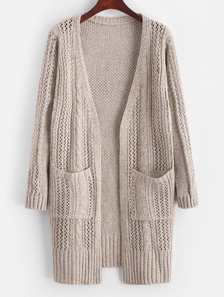 Longline Pockets Open Front Pointelle Knit Cardigan - Light Khaki