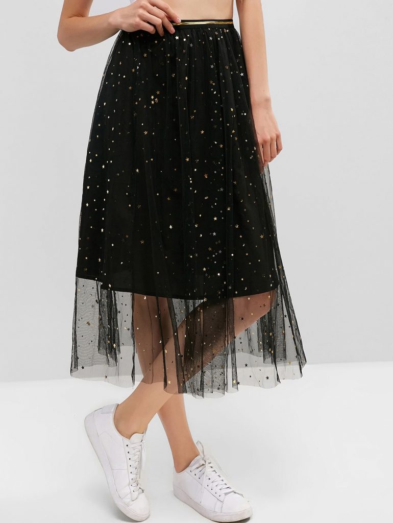 Moon And Star Starry Mesh A Line Skirt - Black