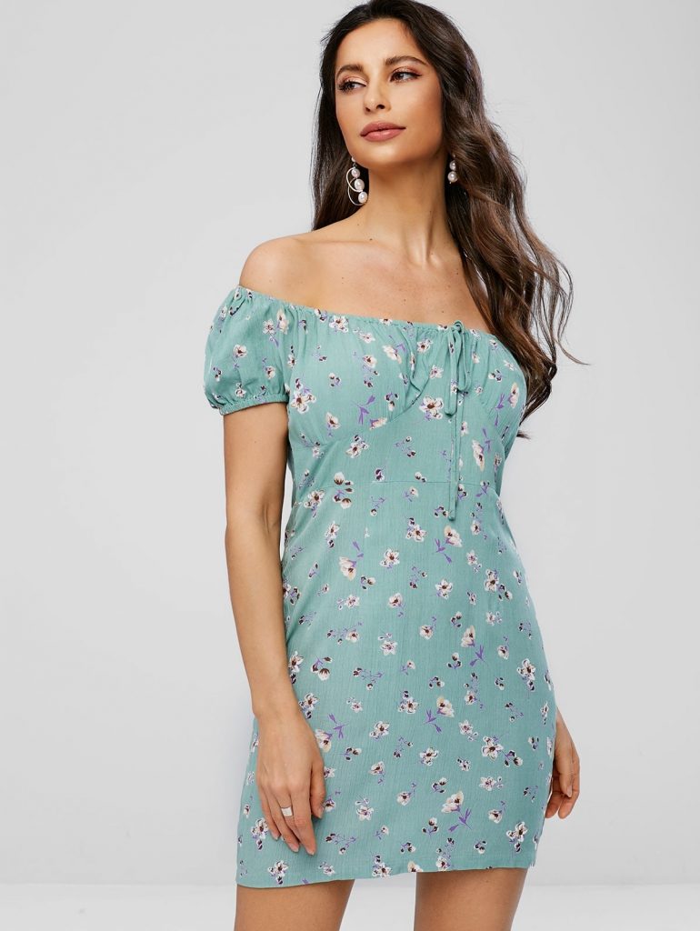 Off Shoulder Bowknot Floral Print Dress - Dark Sea Green L