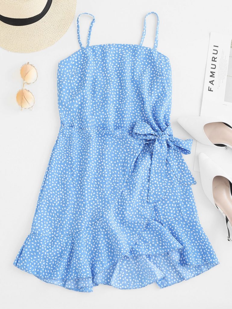 Overlap Ruffles Raindrop Print Cami Dress - Blue L