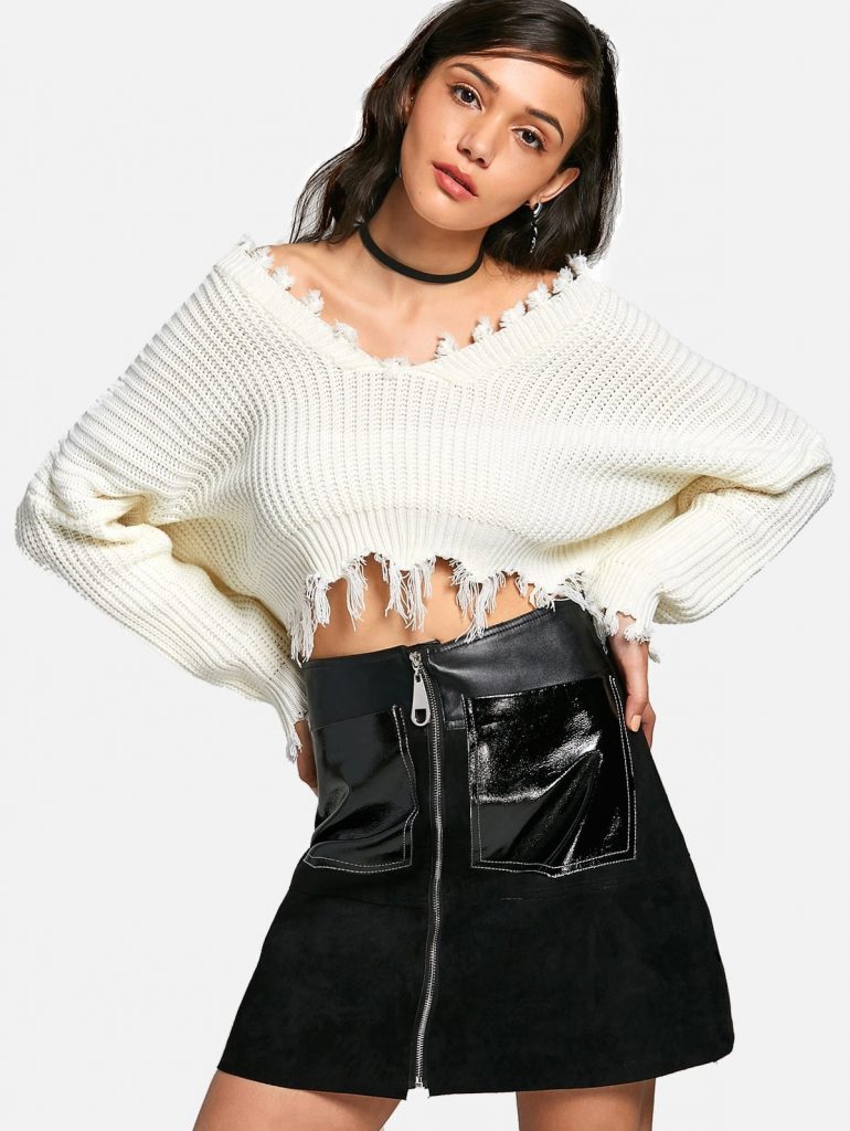 Oversized Frayed Cropped Pullover Sweater - White