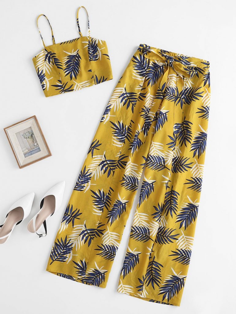 Palm Print Smocked Top And Split Palazzo Pants Set - Multi