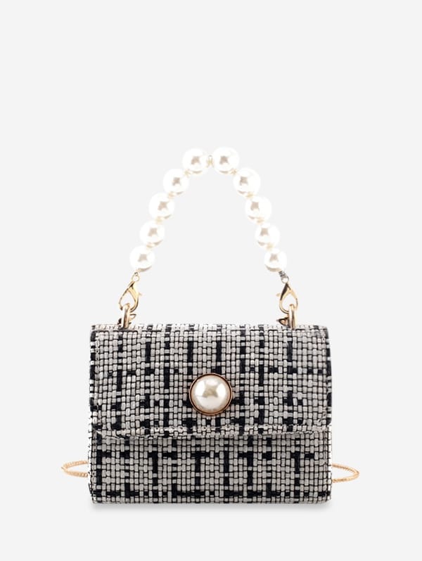 Pearl Decorate Crossbody Weaving Handbag - Gray