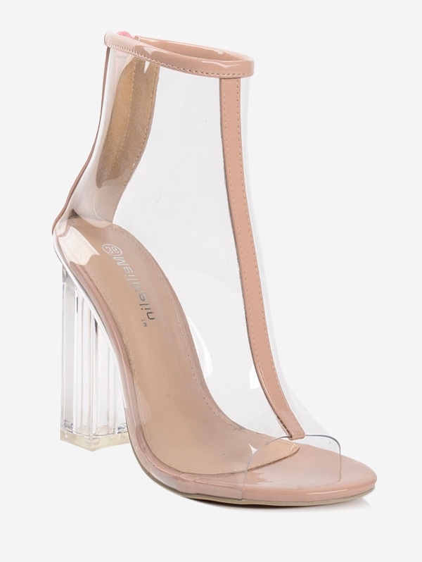 Peep Toe Clear Chunky Heel Sandals - Apricot Eu 38