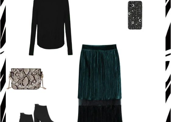 Perfect Auutumn 2019 Outfit for Work Office Style Business Casual with Black Basic Sweater and Deep Green Pleated Color Block Velvet Skirt