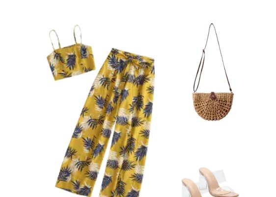 Perfect and Comfortable Minimal Yellow Outfit Autumn  Summer 2019 with Palm Print Smocked Top And Split Palazzo Pants Set
