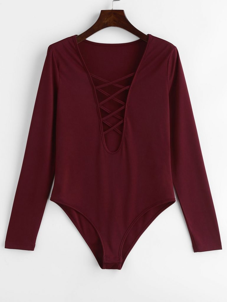 Plunge Long Sleeve Lattice Bodysuit - Red Wine