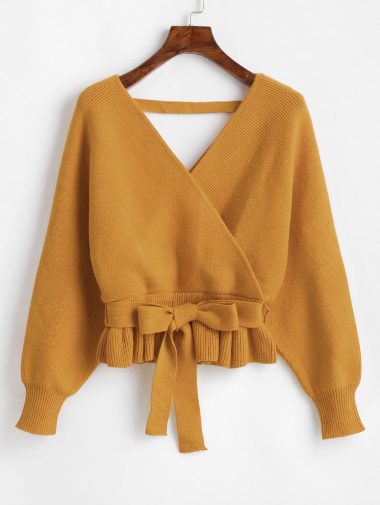 Plunging Batwing Sleeve Peplum Belted Sweater - Golden Brown