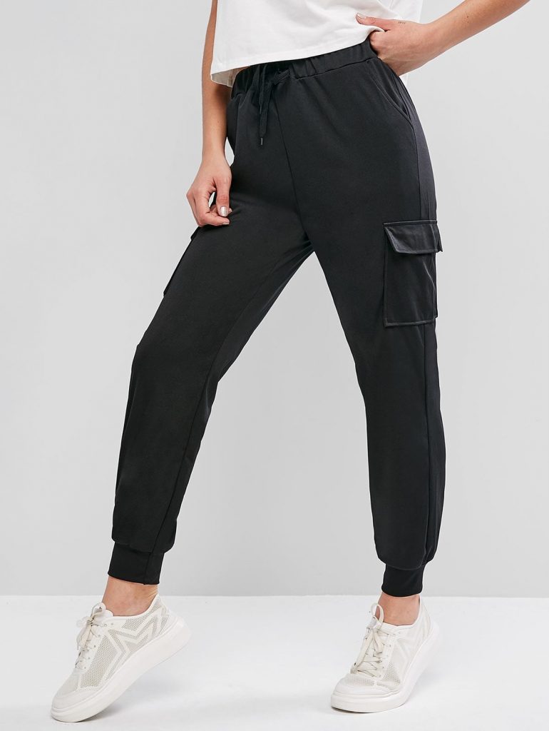 Pocket Drawstring Casual Jogger Pants - Black L