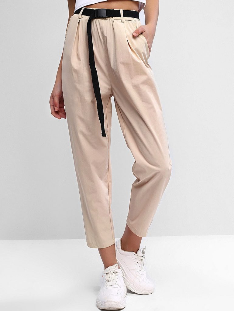 Pocket High Waisted Belted Pants - Apricot Xl