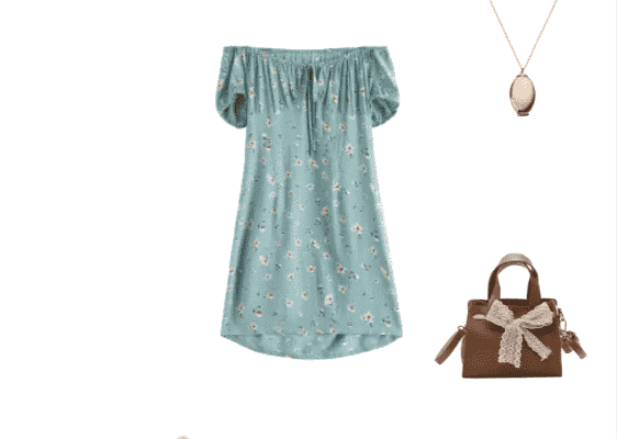 Pretty Weekend Outfit for Women Autumn 2019 Dark Sea Green Floral Print Dress and Flat Toe Post Flower Decor Slides