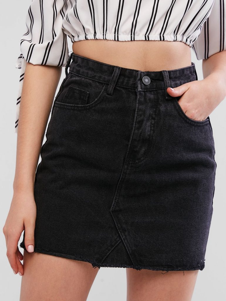 Raw Hem Fitted Mini Denim Skirt - Black Xl