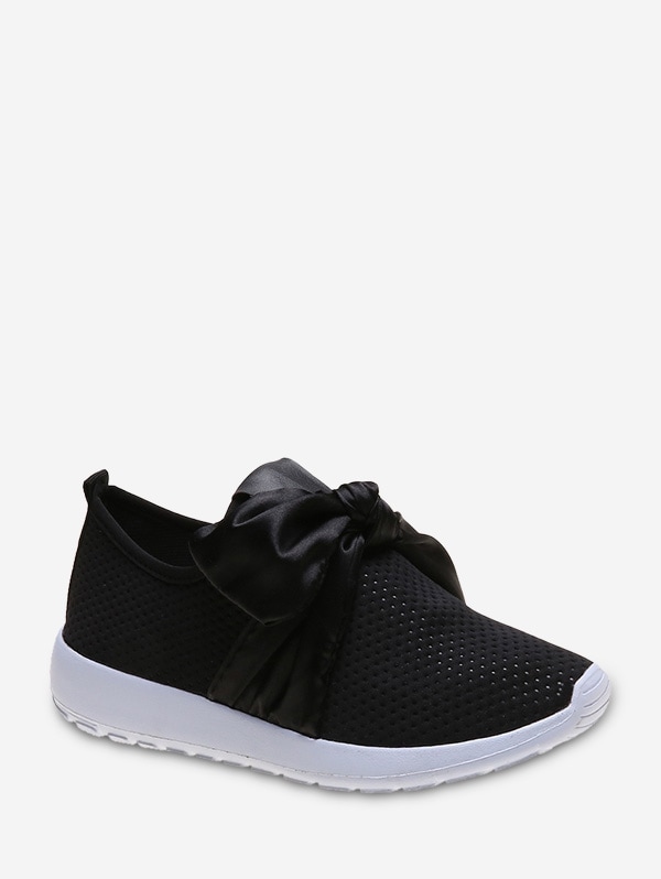 Ribbon Bow Perforated Slip On Sport Shoes - Black Eu 39