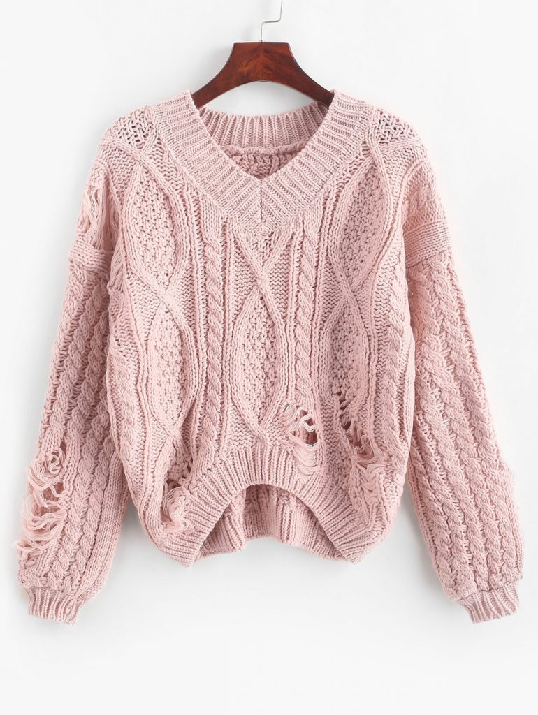 Ripped Chunky Cable Knit Drop Shoulder Sweater - Rose