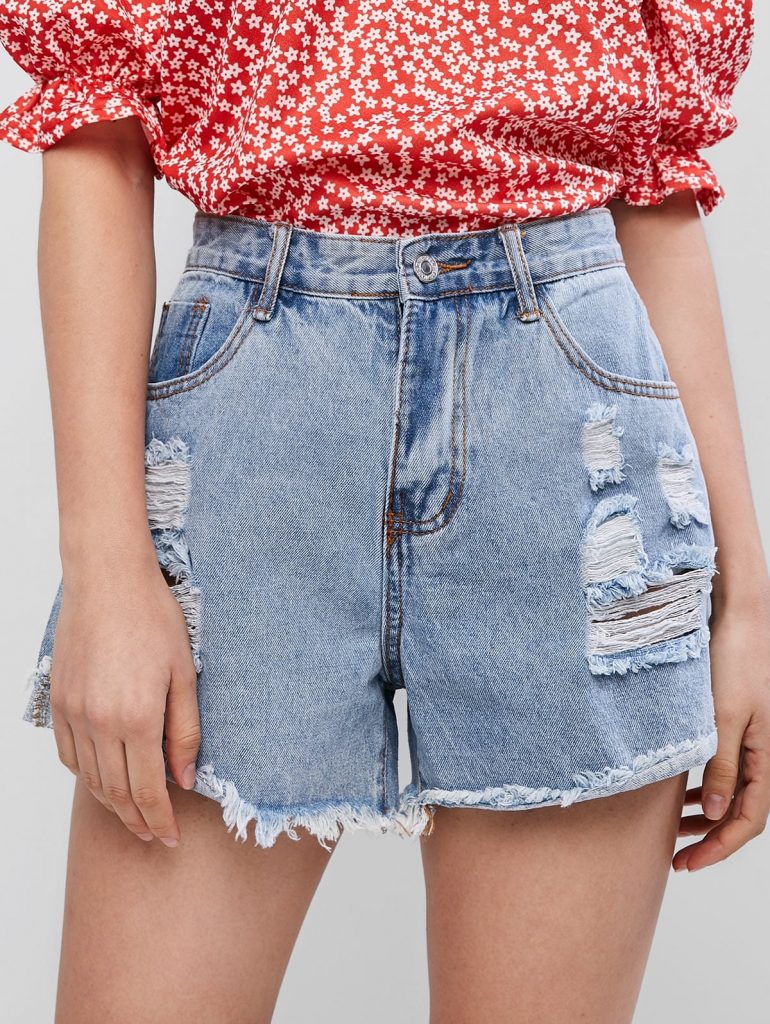 Ripped Frayed Hem Pocket Denim Shorts - Jeans Blue L