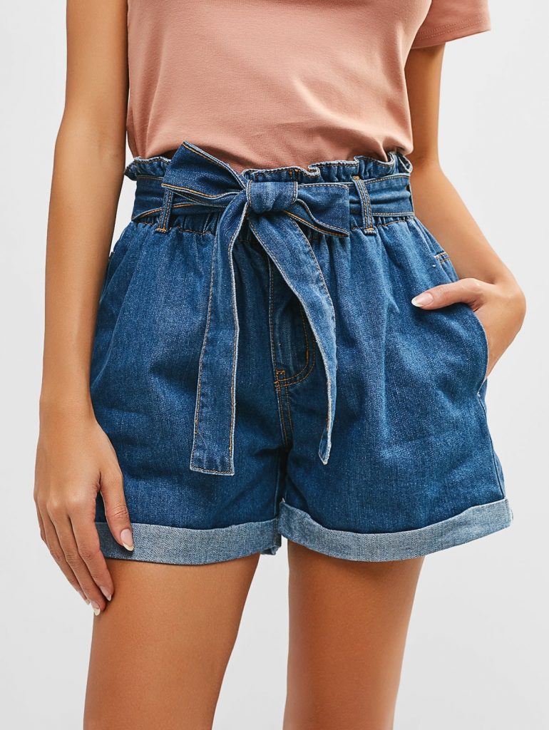 Rolled Hem Belted Denim Shorts - Denim Dark Blue S