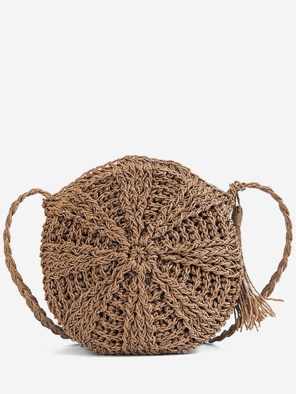 Round Shape Straw Woven Crossbody Bag - Brown