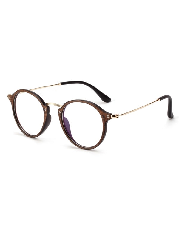 Round Wooden Print Student Glasses - Brown