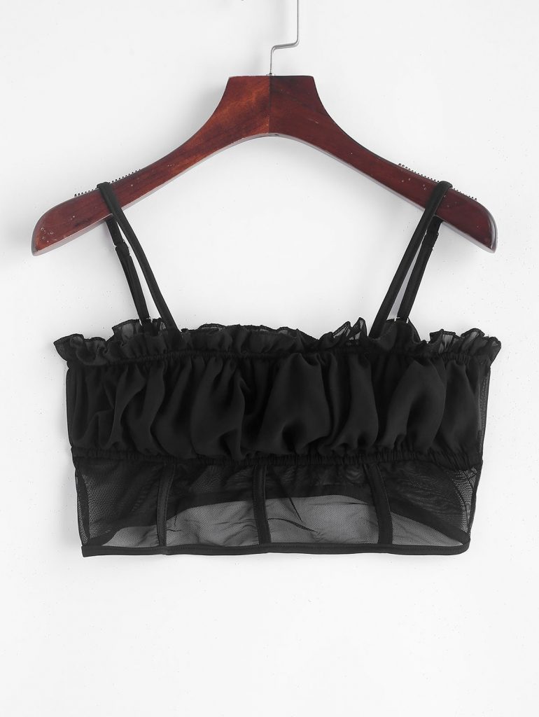 Ruffles Mesh Panel Crop Cami Top - Black