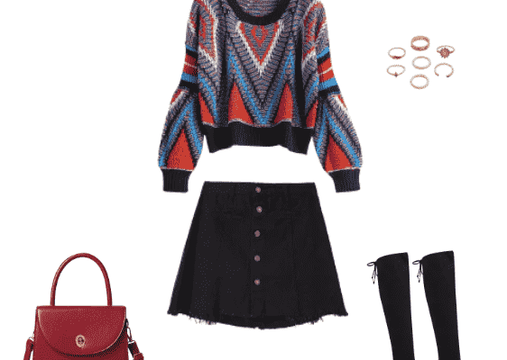 Simple College Outfit For Autumn 2019 with Geometric Graphic Crop Sweater and Cute Black Skirt