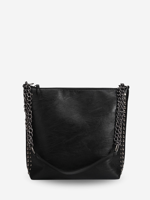 Simple Studded Trim Chain Shoulder Bag - Black