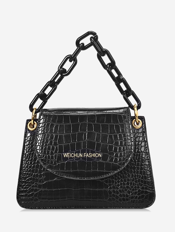 Snakeskin Embossed Flap Tote Bag - Black