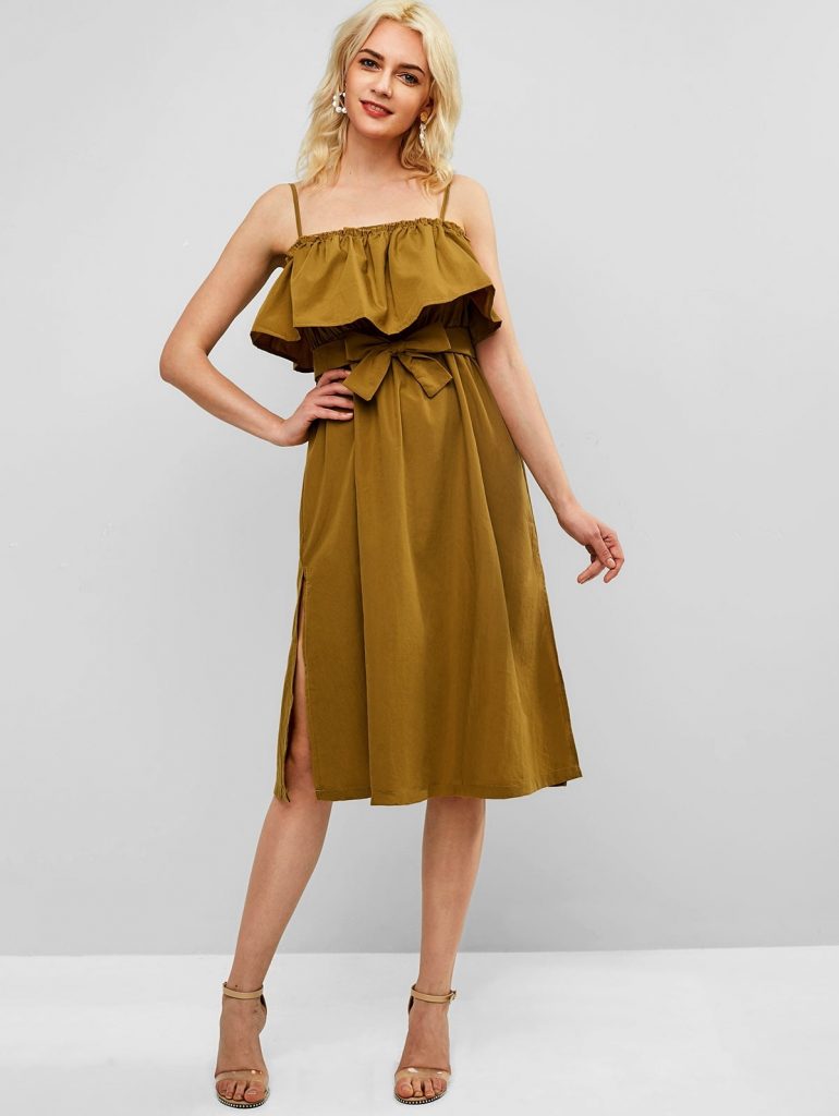 Split Hem Ruffle Overlay Midi Dress - Mustard L