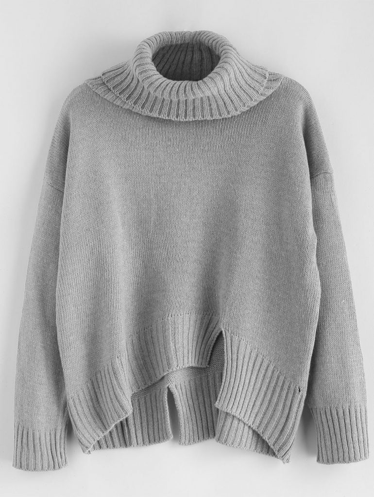 Split Hem Turtleneck Boxy Sweater - Gray Cloud