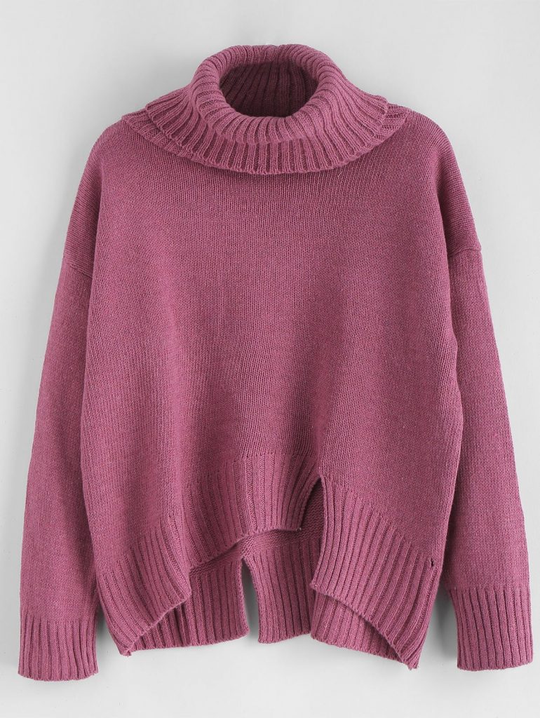 Split Hem Turtleneck Boxy Sweater - Plum