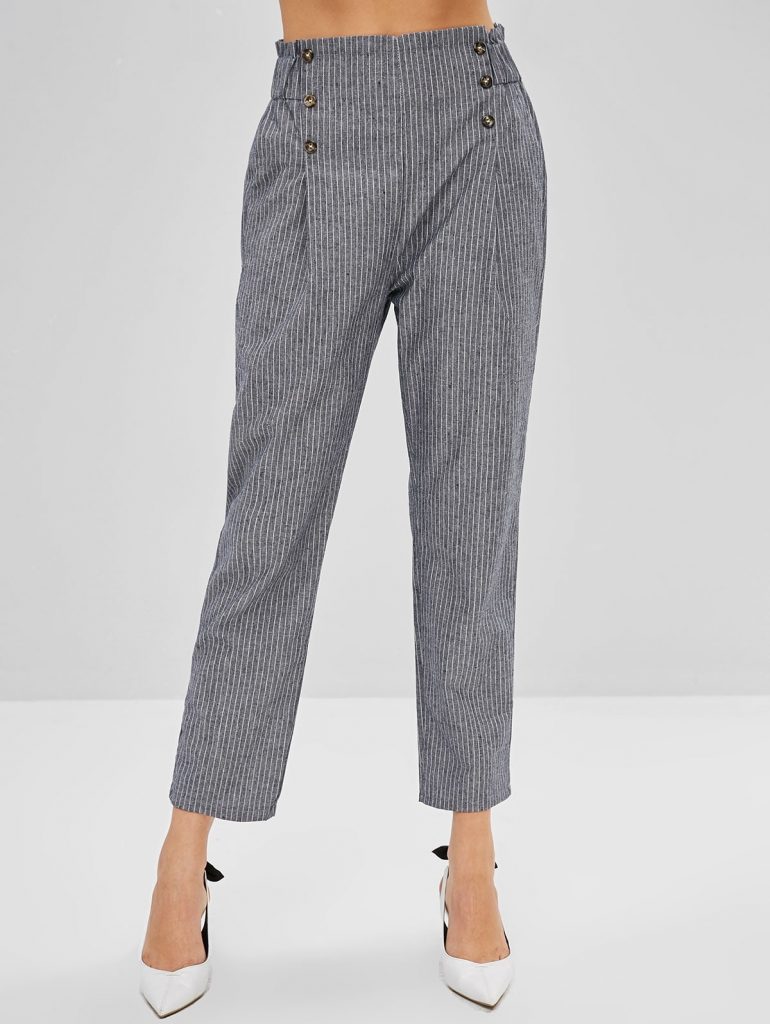 Striped High Waisted Pencil Pants - Battleship Gray S