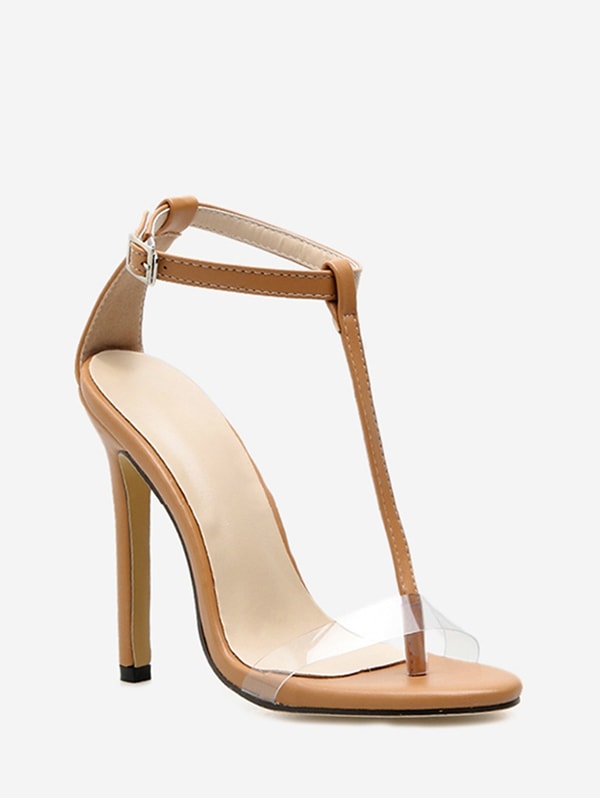 T Strap Peep Toe Stiletto Heel Sandals - Apricot