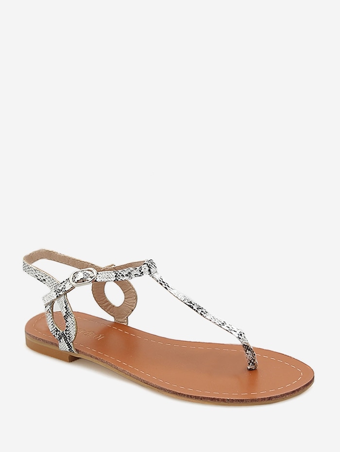 Toe Post Snakeskin Print Flat Sandals - White