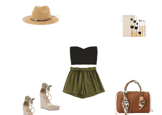 Top Fashion Trends for Vacation Autumn 2019 Army Green Contrast Two Piece Ribbed Knotted Bandeau Top Set and Snakeskin Print Super High Wedge Heel Sandals