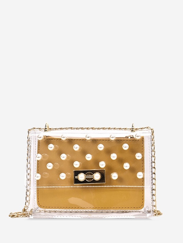 Transparent Faux Pearl Studs Chain Handbags - Yellow