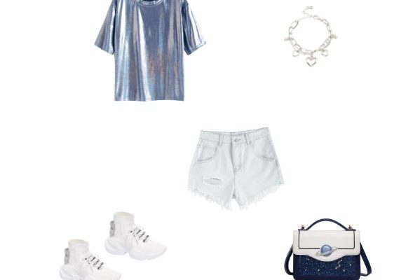 Trendy Cosmic Outfit Street Style for Women Autumn 2019 Cornflower Blue Short Sleeves Casual Holographic Tee Blue Jeans White High Top Knit Mesh Sports Shoes Artificial Leather Starry Sky Shoulder Bag