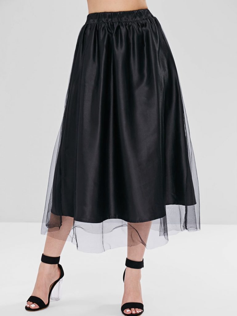 Tulle Overlay Satin Midi Full Skirt - Black L