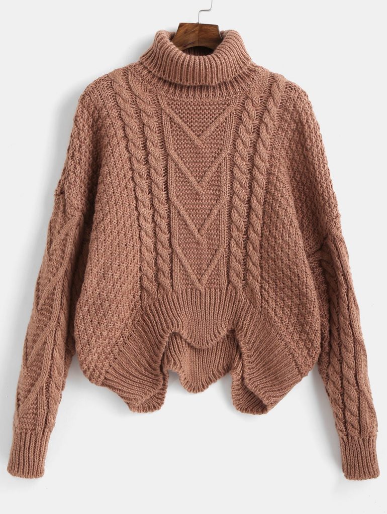 Turtle Neck Wave Hem Sweater - Brown