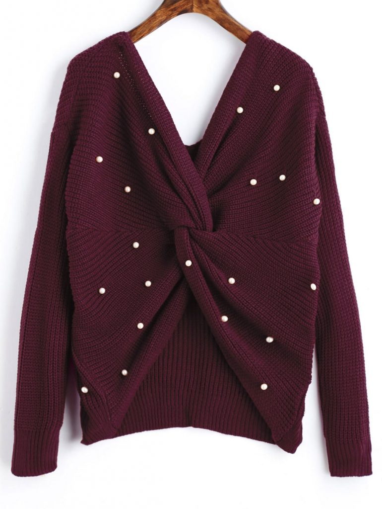 V Neck Twist Pearly Sweater - Wine Red