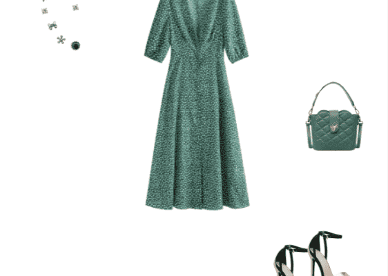 Vintage Autumn 2019 Date Outfit for Women Sea Green Buttoned Tiny Floral Maxi Flare Dress and Champagne Gold Chic Buckle Strap Stiletto Heel Pumps