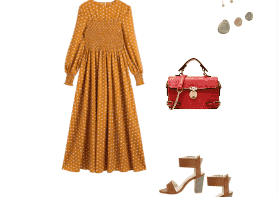 Vintage Inspired Autumn 2019 Outfit Ideas for Women Yellow Polka Dot Maxi Dress and Light Brown High Heel Chic Sandals