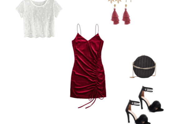 What To Wear on a First Date Autumn 2019 Outfit with Red Wine Cinched Velvet Bodycon Cami Dress and Black Fuzzy Strap Thin High Heel Sandals