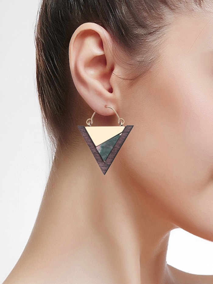 Wood Triangle Geometric Drop Earrings - Sea Green