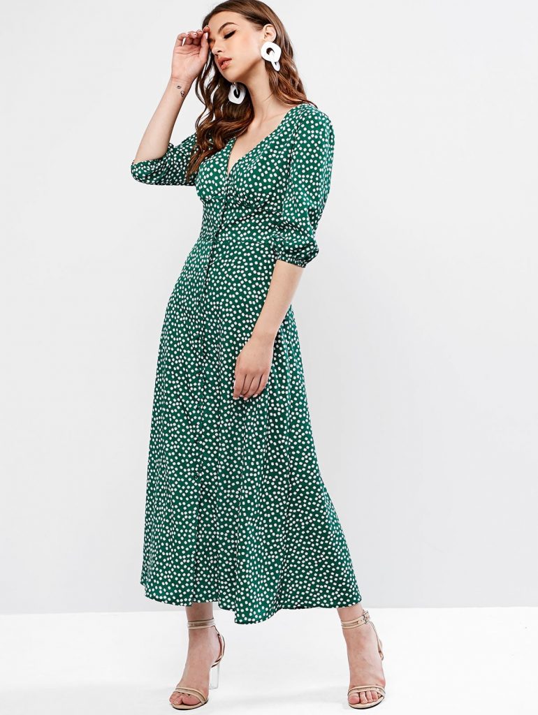 ZAFUL Buttoned Tiny Floral Maxi Flare Dress - Sea Green S