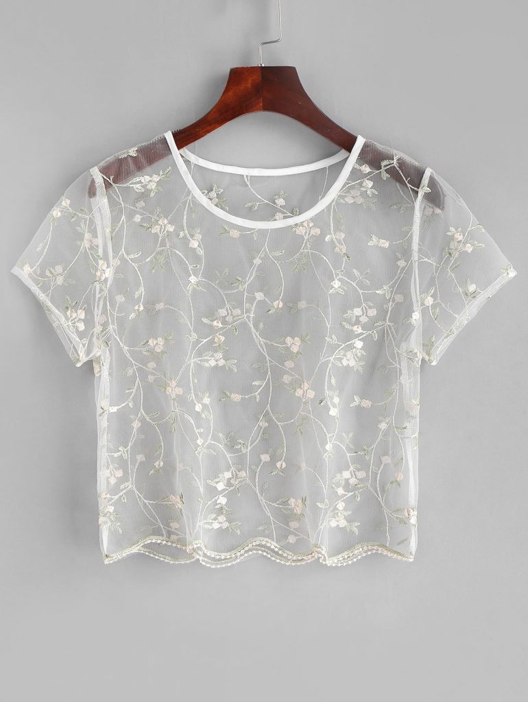 ZAFUL Floral Embroidered Sheer Tulle Crop Top - Transparent M